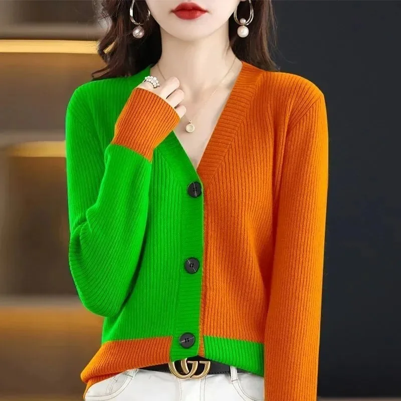 2023 Autumn/Winter Contrast Color Wool Knitted Cardigan Women Contrast Color Sweater Loose Versatile Knitted Short Coat Thin Top