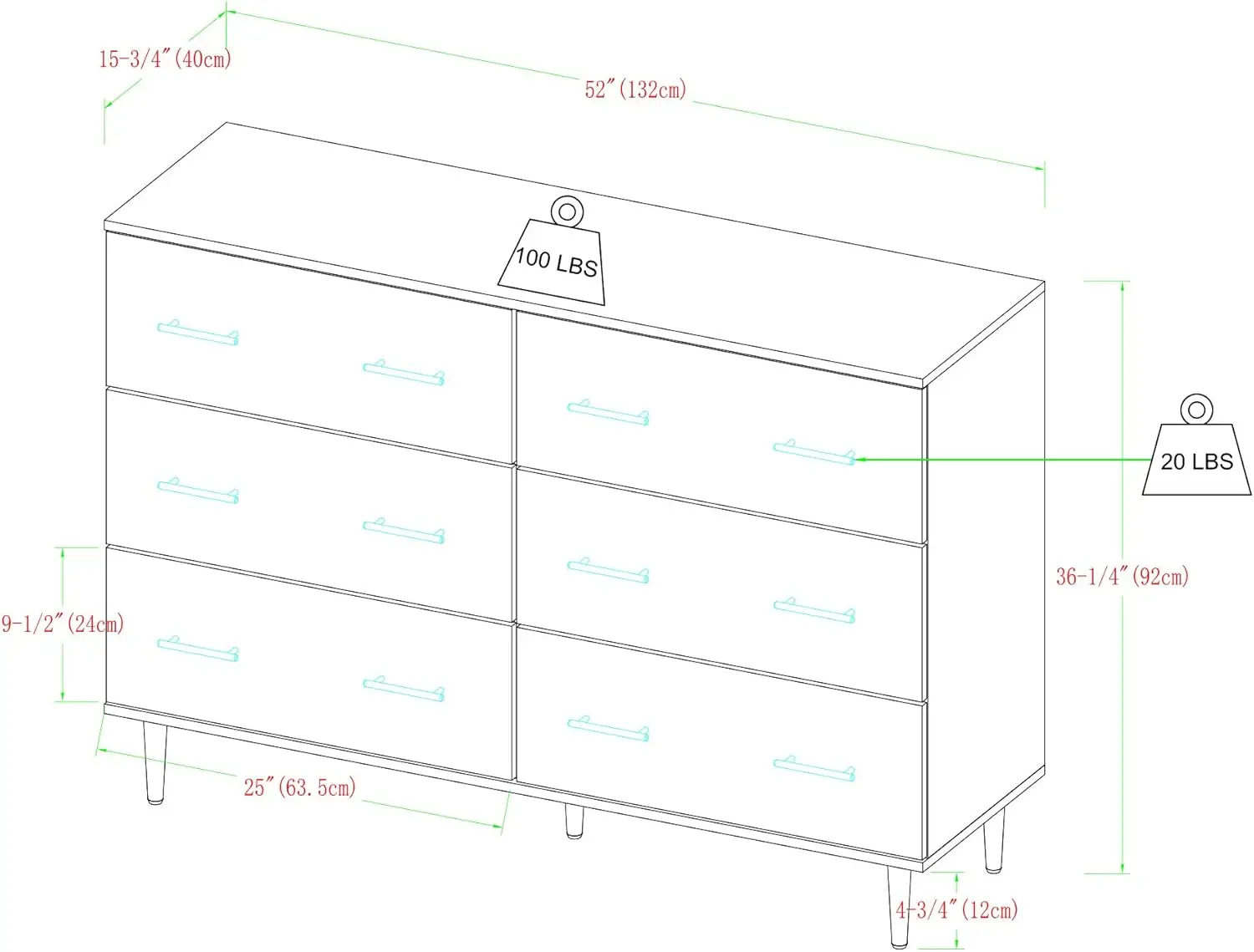 Mila Modern Opbergbuffet Met 6 Lades, 52 Inch, Wit En Rustiek Eiken