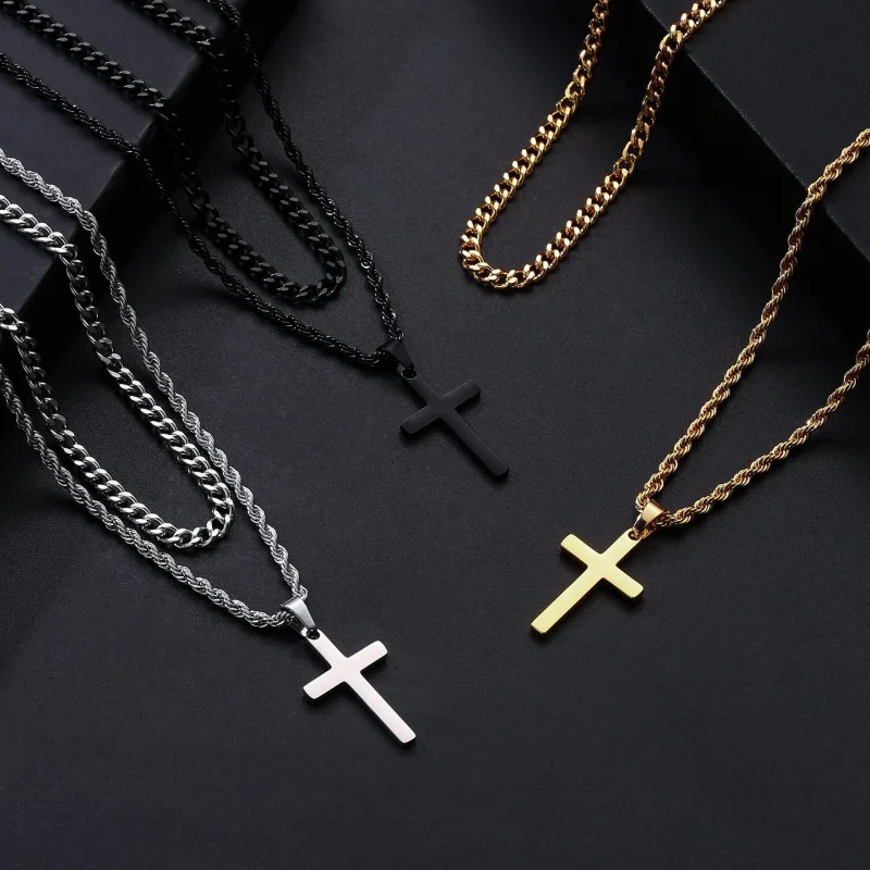 

Plating18KReal Gold Men's Stainless Steel Cross Necklace Multi-layer Stacked Pendant Necklace