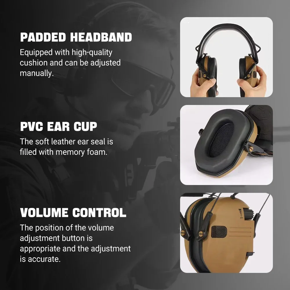 غطاء للأذنين تكتيكي للرماية NRR 23dB مع خاصية إلغاء الضوضاء النشطة وتعزيز الصوت البشري للرياضات الخارجية والسلامة