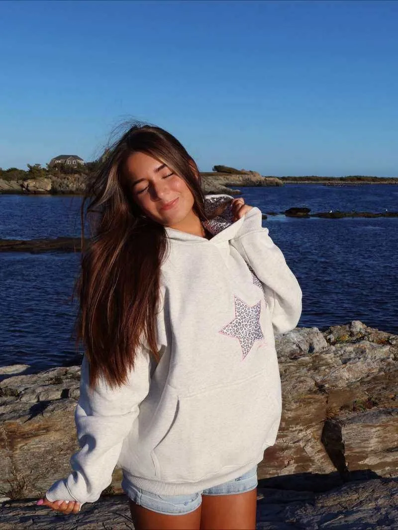 

Retro American Embroidered Leopard Print Five Pointed Star Fce Women's Hoodie ey Thiened Autumn Trendy Hat Sweatirt