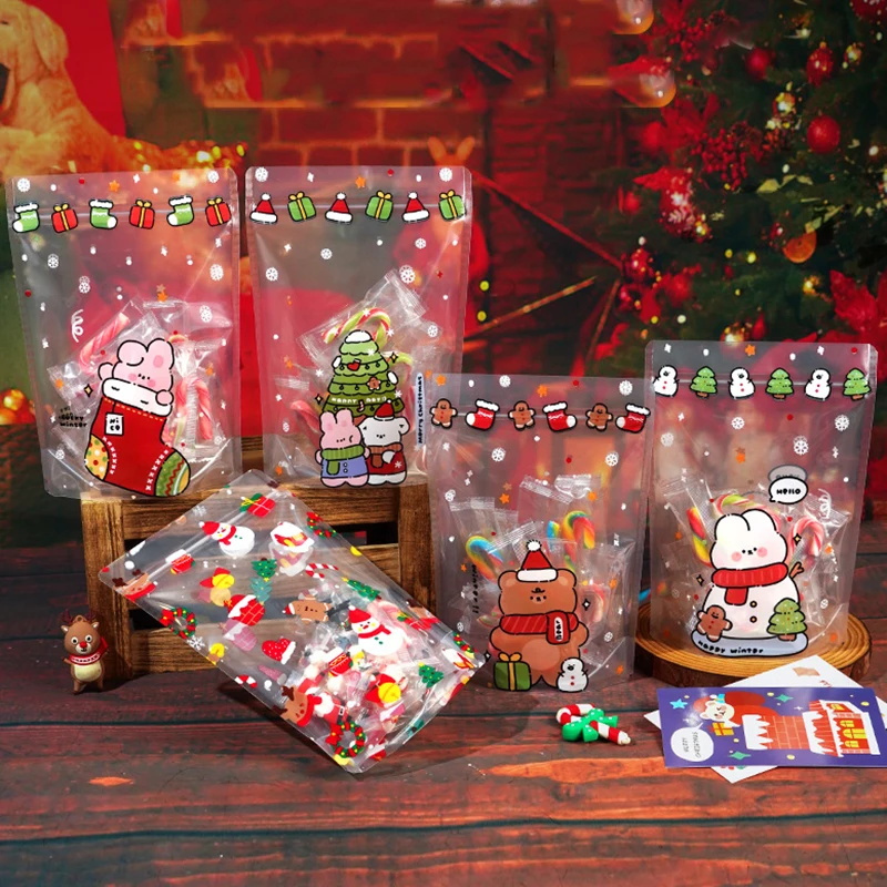 Bolsas navideñas de dibujos animados de alta claridad, 25 uds., galletas, aperitivos, dulces, regalos, fiesta de Papá Noel, embalaje de plástico, bolsas con cierre de cremallera