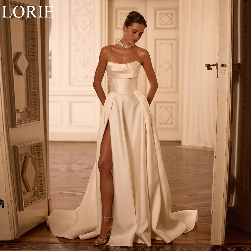 

LORIE Elegant Satin Wedding Dresses A-Line Strapless High Split Lace-up Pleated Bride Prom Gown 2025 Chic Bridal Gown Customized