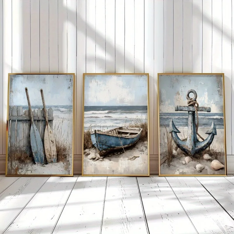 3-teiliges Set Leinwand-Wandkunstdrucke, nautische Stranddekoration, rahmenlose Gemälde mit Ozeanmotiv für Wohnzimmer, Schlafzimmer, Badezimmer, Büro