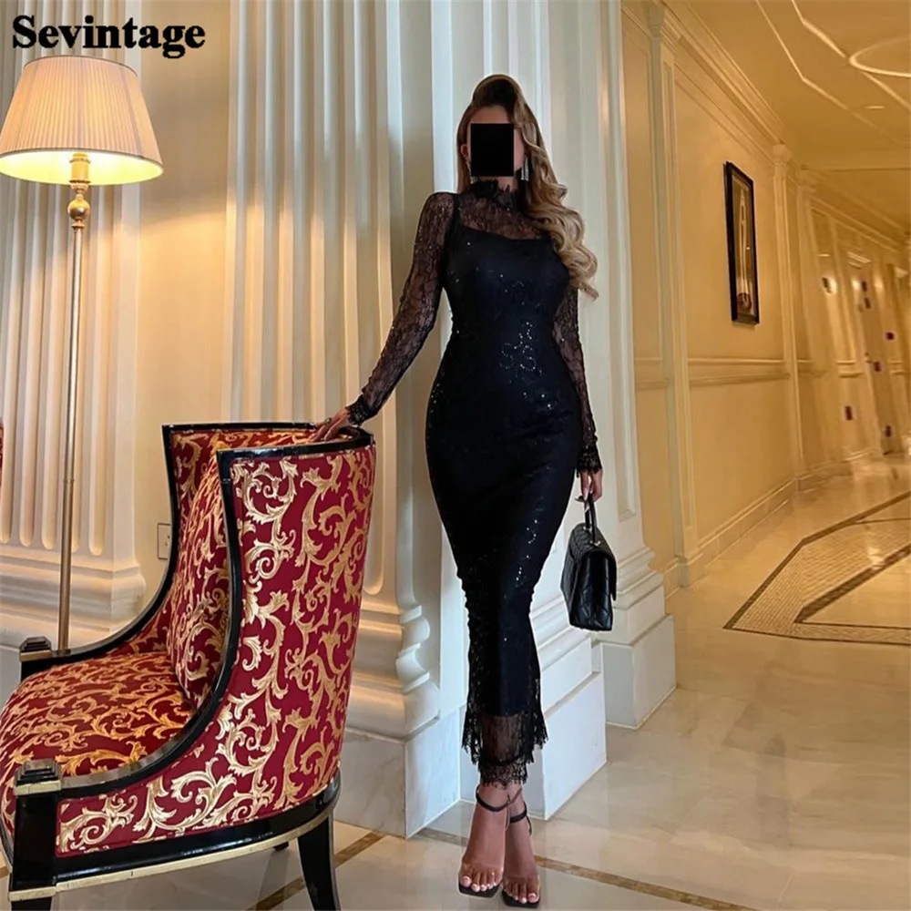 

Sevintage Black Saudi Arabic Lace Evening Dresses High Neck Mermaid Party Dresses Ankle Length Dubai Women Prom Gowns 2023