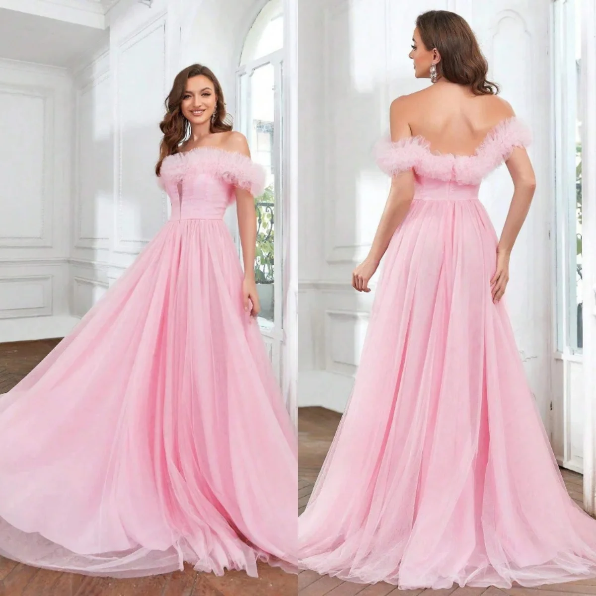 

Romantic Pink Evening Dresses Off Shoulder Mesh Ruffles Women Prom Dresses Tiered Floor Length Homecoming Girls Summer Gowns