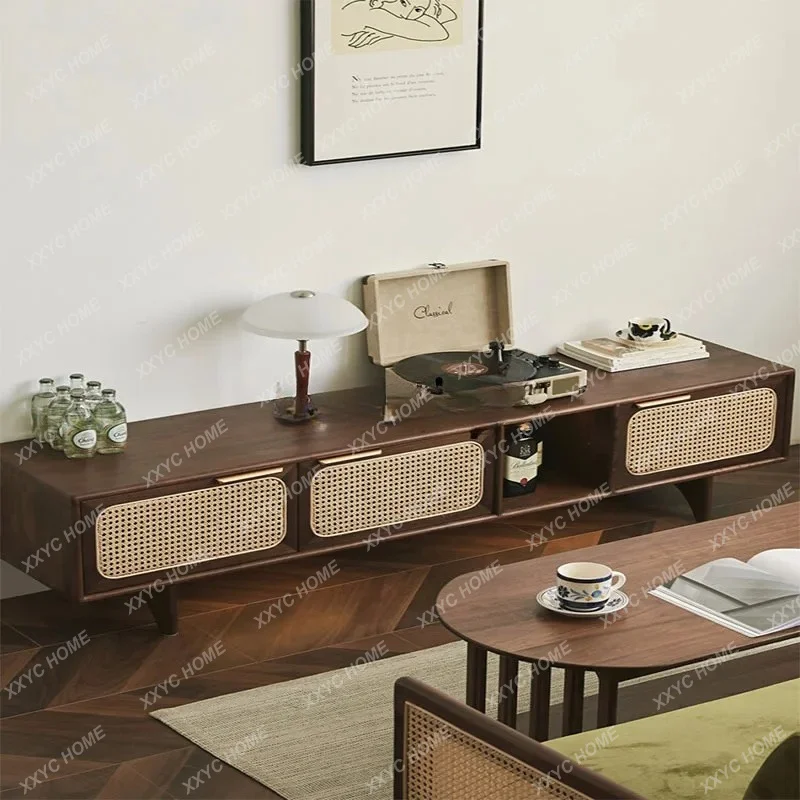 XXSolid Wood TV Cabinet  Rattan Storage Low Cabinet Modern Retro Audiovisual Cabinet for Home Use