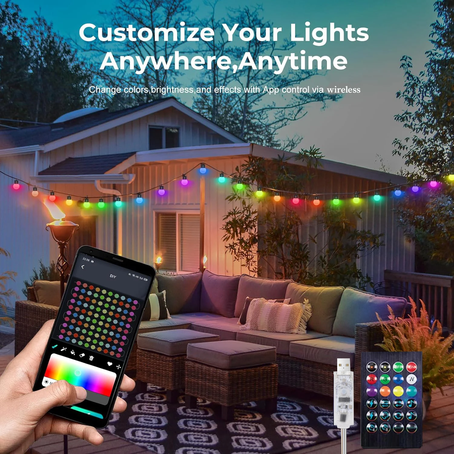 10M G40 LED Bulb String Light Bluetooth APP Remote Outdoor USB RGB Color Changing String for Party Wedding Garden Backyard