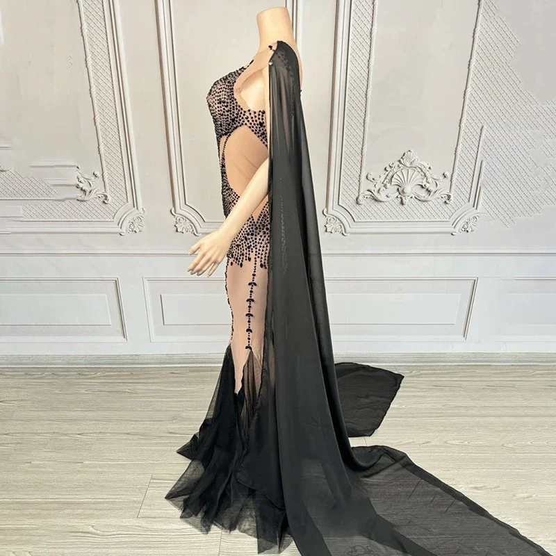 Women Singer Party Dress Sexy Mesh Rhinestones Celebrate Dress Wedding Gown Stage Catwalk Outfit Costume