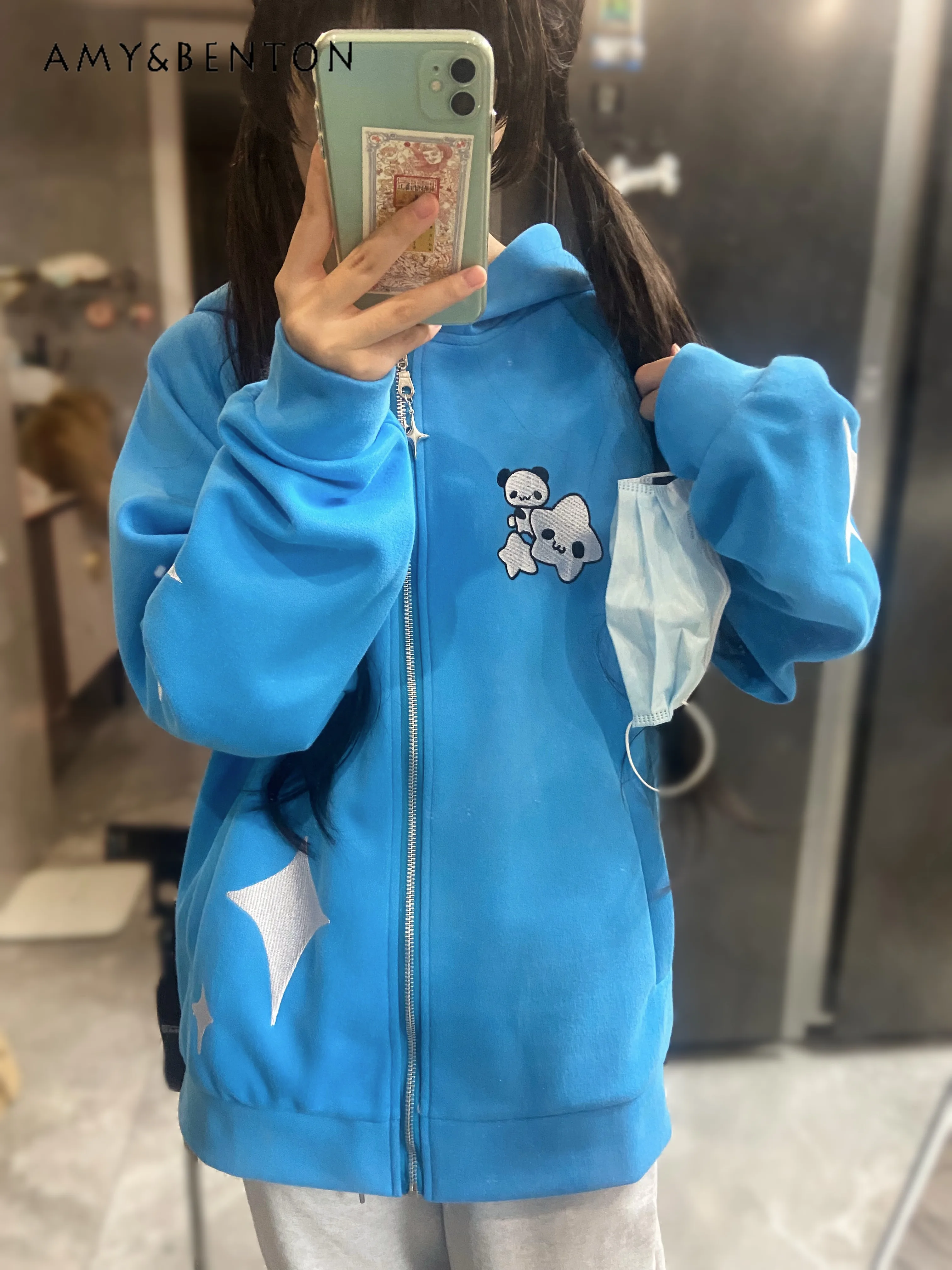 

Новая женская синяя толстовка с капюшоном в японском стиле с вышивкой панды и звезд, свободного кроя, весна-осень 2026