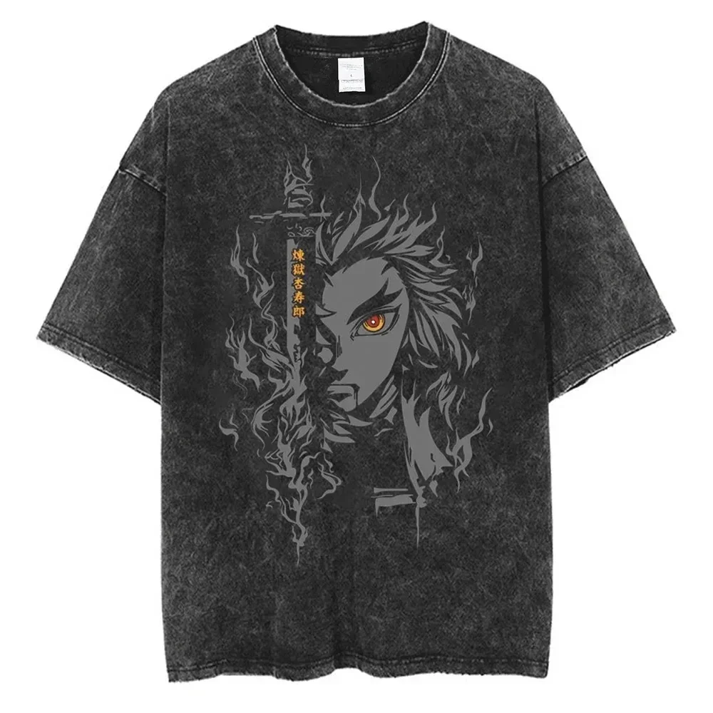 Summer New Large Street Clothing Unisex Oversized Top T-Shirt Anime Print Vintage Washed Cotton T-Shirt Short Sleeve T Shirt