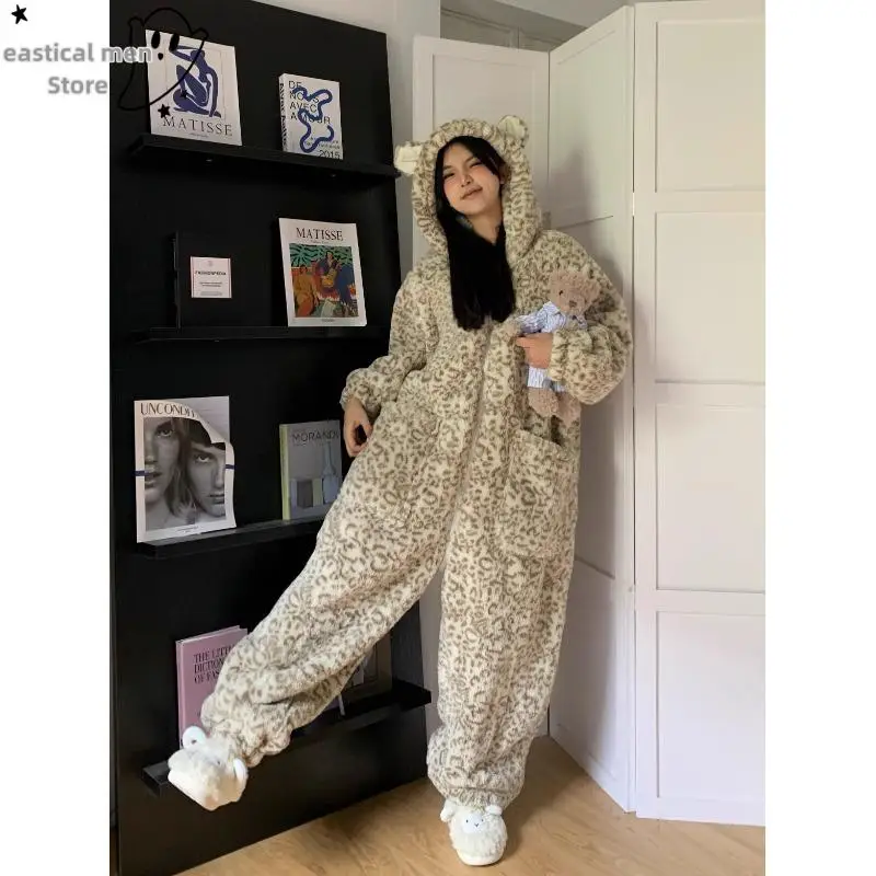 

Kawaii Leopard Winter Cosplay Jumpsuit Women Hooded Onesies Costume Thick Coral Velvet Nightwear Halloween Party Home Wear