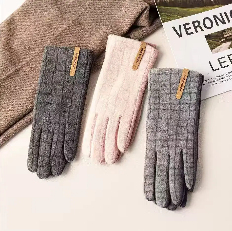 Women Plaid Cloth Labeled Five Fingers Gloves, Fashion Daily Warm Gloves