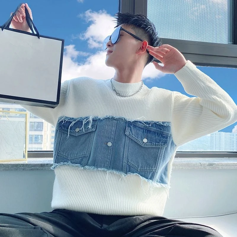 

Джинсовые пуловеры в стиле пэчворк. Мужская дизайнерская одежда. Трикотаж. Уличная одежда с тросами 2025 года. Свободный крой с карманами. Мужской вязаный свитер.