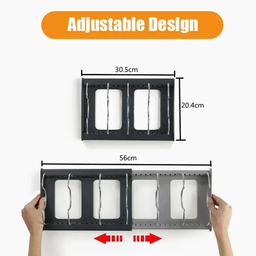 Kitchen Storage Solution Expandable Stainless Steel Rack for Pan Pot Lid Cutting Board Dish Drying and Cookware Organizer