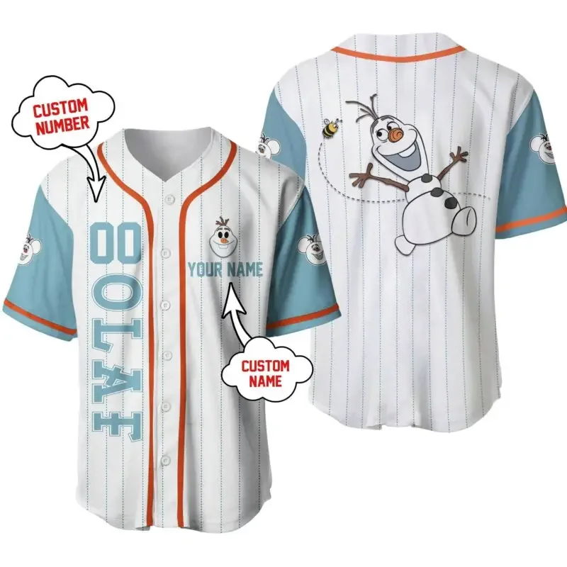 

Olaf Frozen Baseball Jersey Men's Women's Short Sleeve Jersey Custom Name Disney Baseball Jersey Casual Sports Baseball Shirt