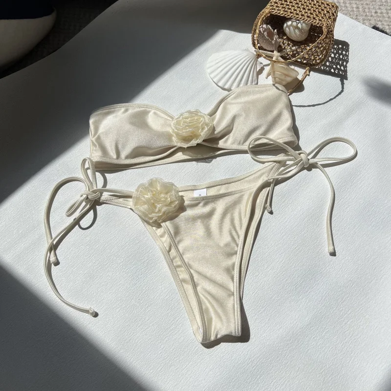 

New solid color glossy floral strapless two-piece swimsuit bikinibikini