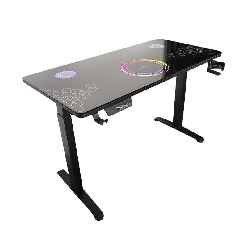 

High End Glass Top Electric Motorized Gaming Table Height Adjustable Smart Gaming Standing Desk with RGB Led Lights