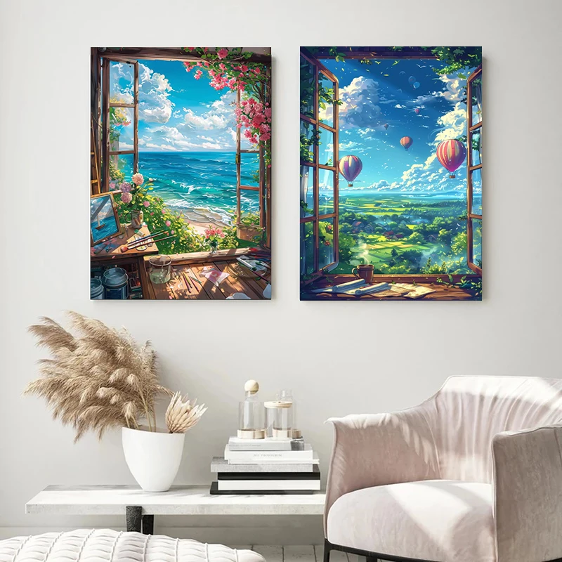 Modern Cartoon Seaside Cottage Summer Scenery Poster Coastal Villa Beach Life Canvas Painting Wall Art Living Room Home Decor