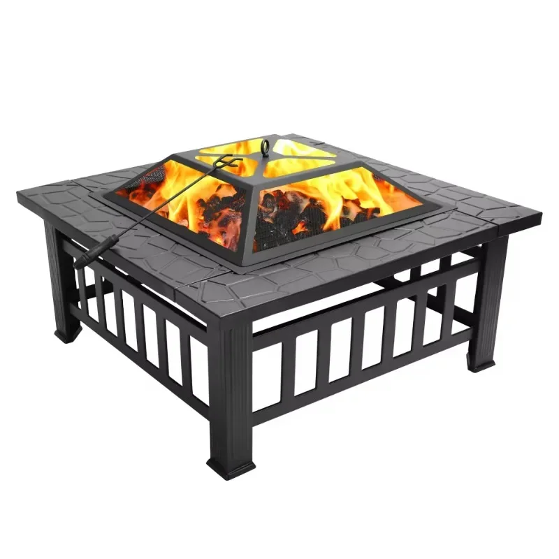 32-Inch Square Metal Fire Pit Table Iron Outdoor Heating Stove for Bonfire Picnics Fireplaces for Backyard Patio Garden Camping