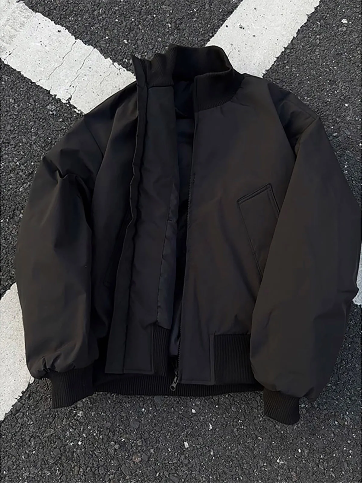 Black Stand Collar Short Thickened Fleece Lined Lightweight Cotton Jacket for Men Warm Casual Style Long Sleeve Winter Coat