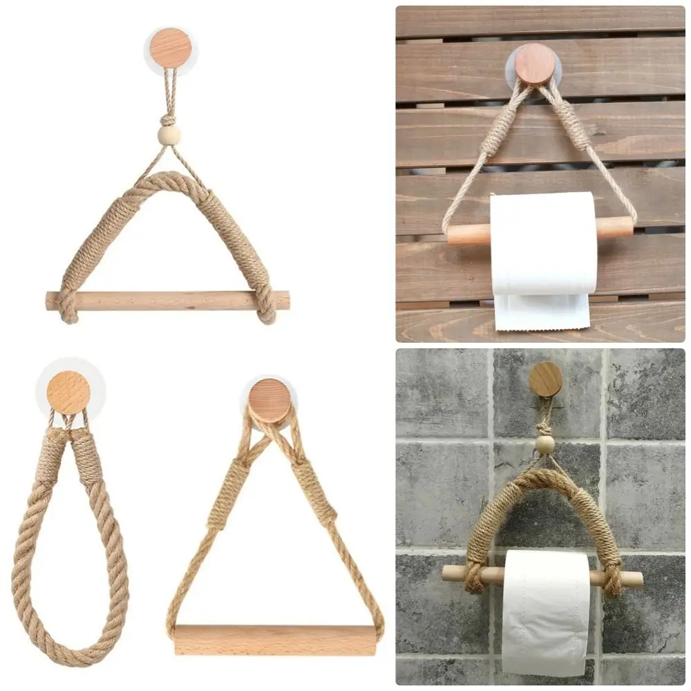 1Pcs with Movable Suction Cup Toilet Paper Holder Home Hotel Bathroom Decoration Wall Mounted Towel Hanging Rope Wooden Antique