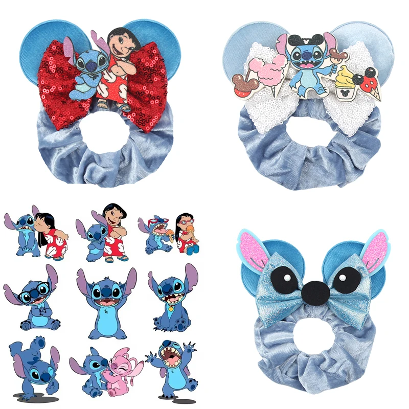 

2025 Disney Lilo & Stitch Mouse Ears Velvet Hair Scrunchies For Girls Women Sequins 4"Bow Elastic Hairband DIY Hair Accessories