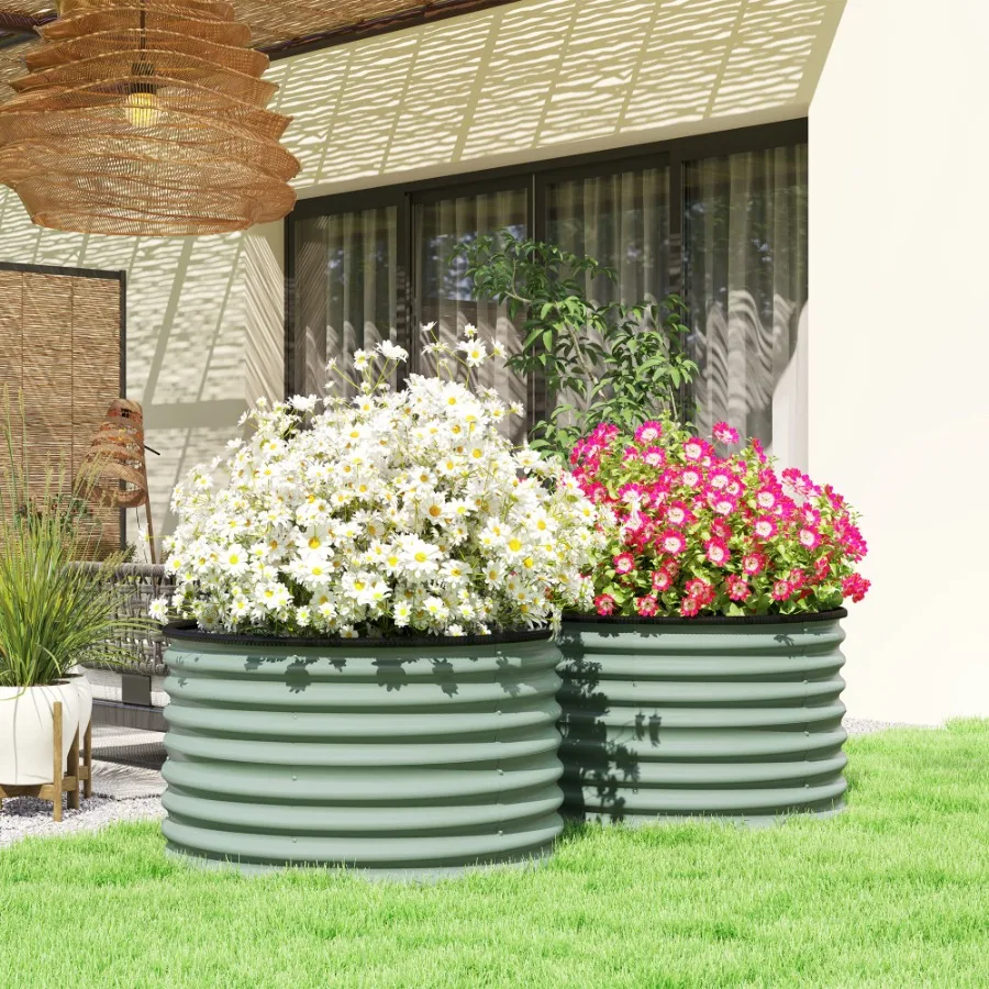 Juego de 2 maceteros de metal para cama de jardín elevada con ribete de seguridad, tanque de stock fácil de montar, color verde claro
