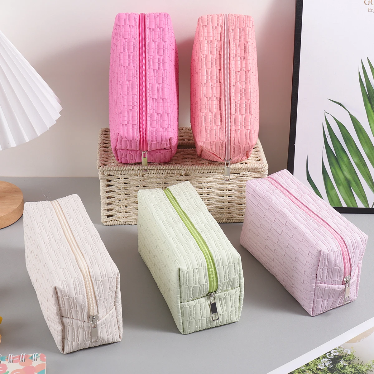 Grid Embossed Pu Pencil Case Macaron Pastel Color Large Capacity Metal Zipper Stationery Bag For Teen Students Back To School