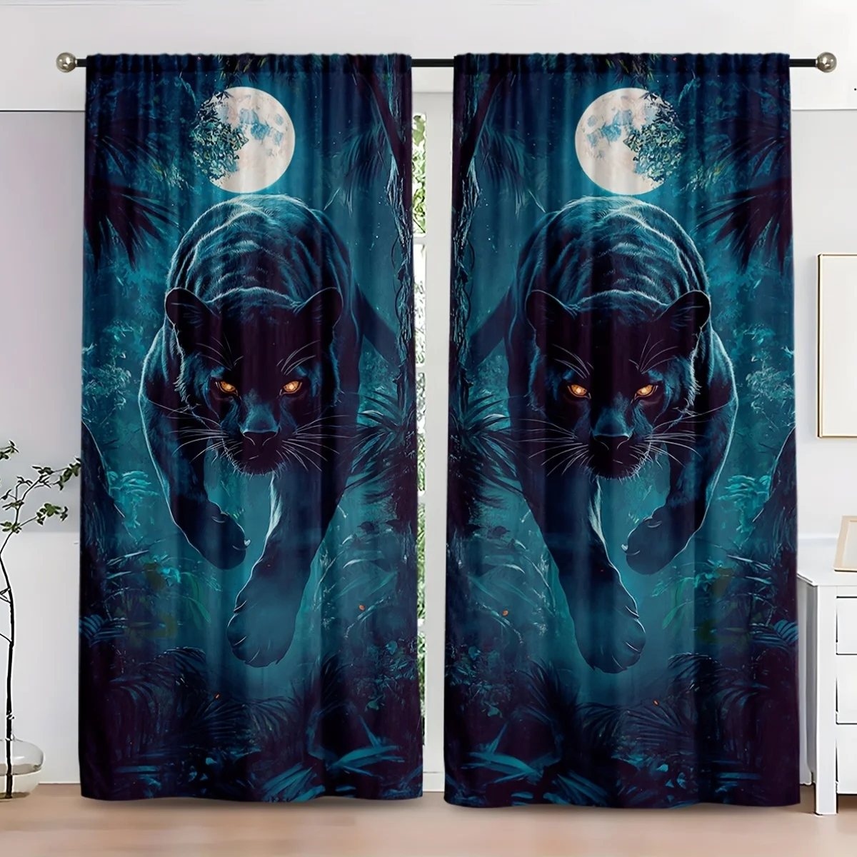 Rideaux de Jungle panthère noire éclairés dans la lune, 2 pièces, scène nocturne fascinante avec yeux et brume scintillants, rideaux décoratifs modernes