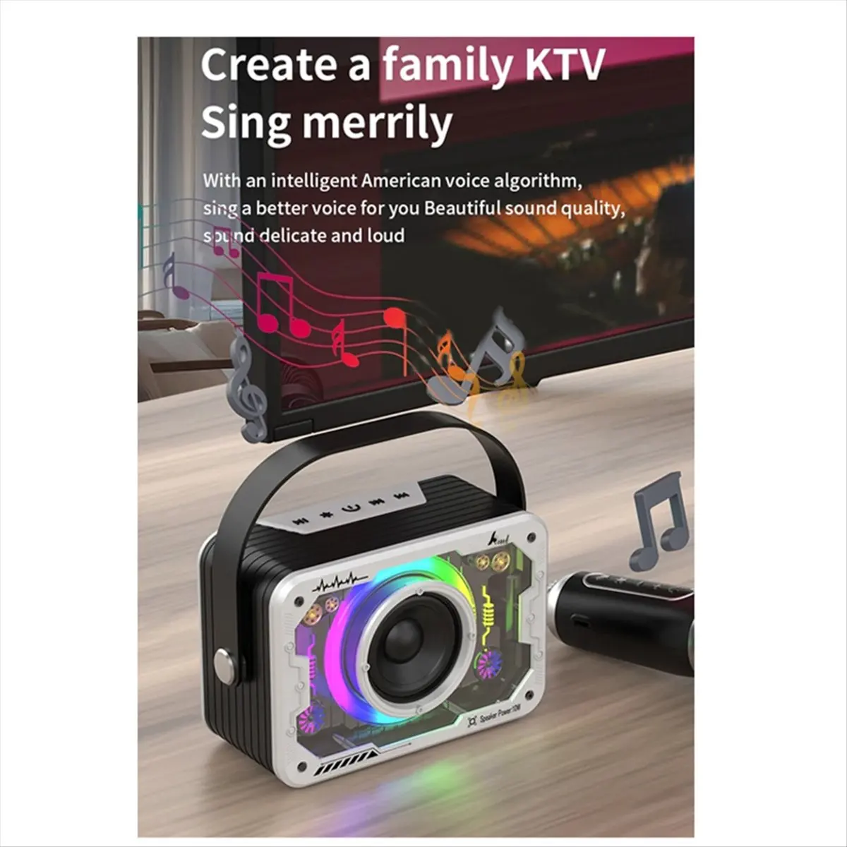 AABFK Bluetooth Speaker for Home Outdoor Singing, Portable Bass Wireless Karaoke Speaker Microphone Home Ktv Set-Gray