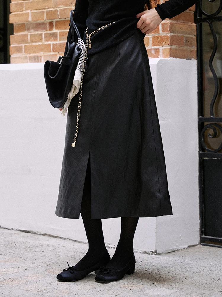 

Jicouture Double-Sided PU Leather A-Line Skirt for Women Casual High Waist Slimming Split Front Autumn Winter Faion