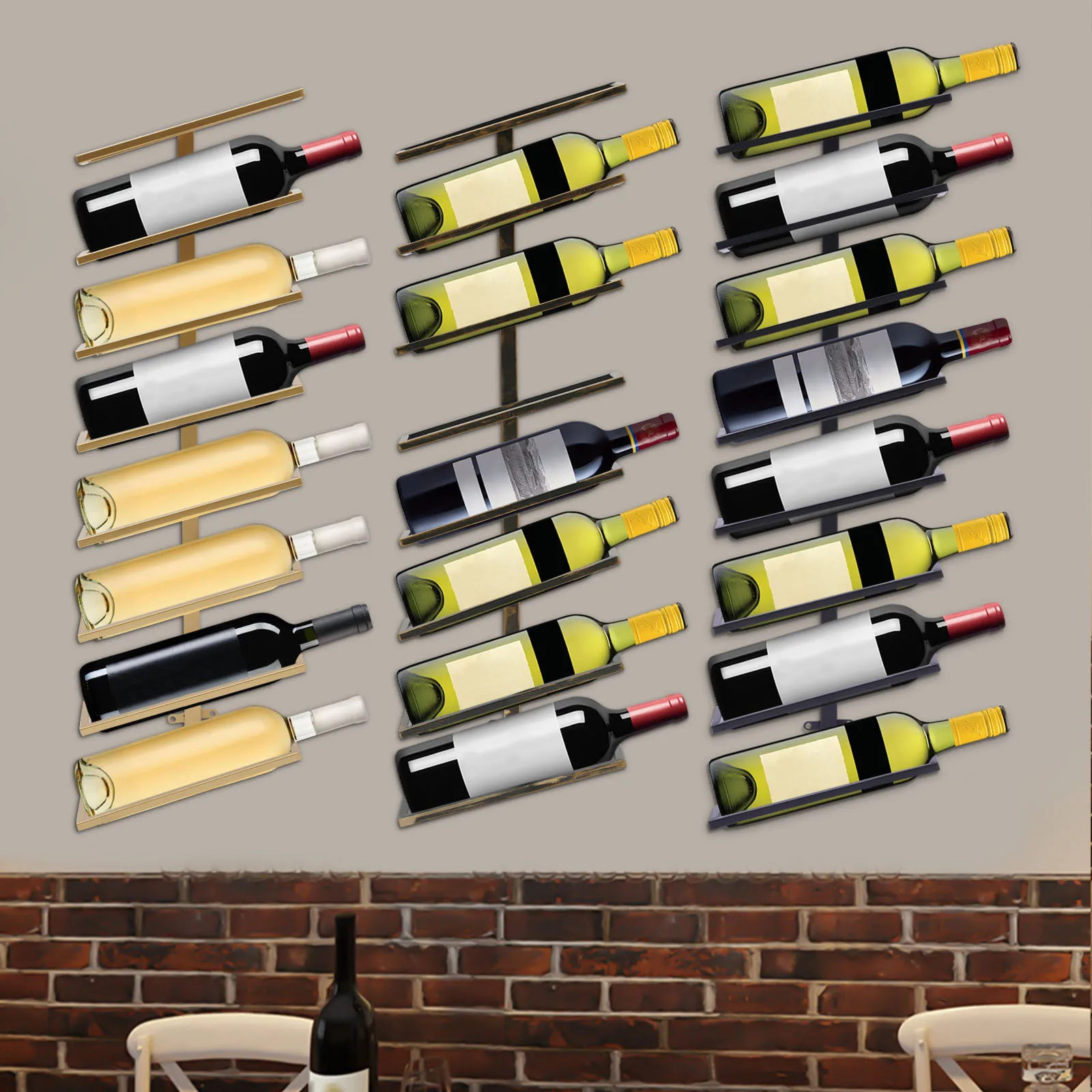 Metal Gold Wine Rack Bar Organizer Kitchen Wall Mount Holder 8 Bottles Holding Metal Wall Mounted Gold Wine Racks for 8 Bottles