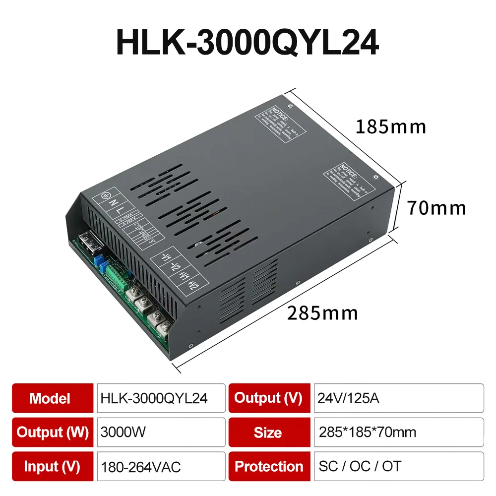 HLK-3000QYL12 HLK-3000QYL48 Hi-Link 3000W AC-DC Power Supply 180~264VAC Input Built-in Temperature Controlled Fan Enclosed SMPS