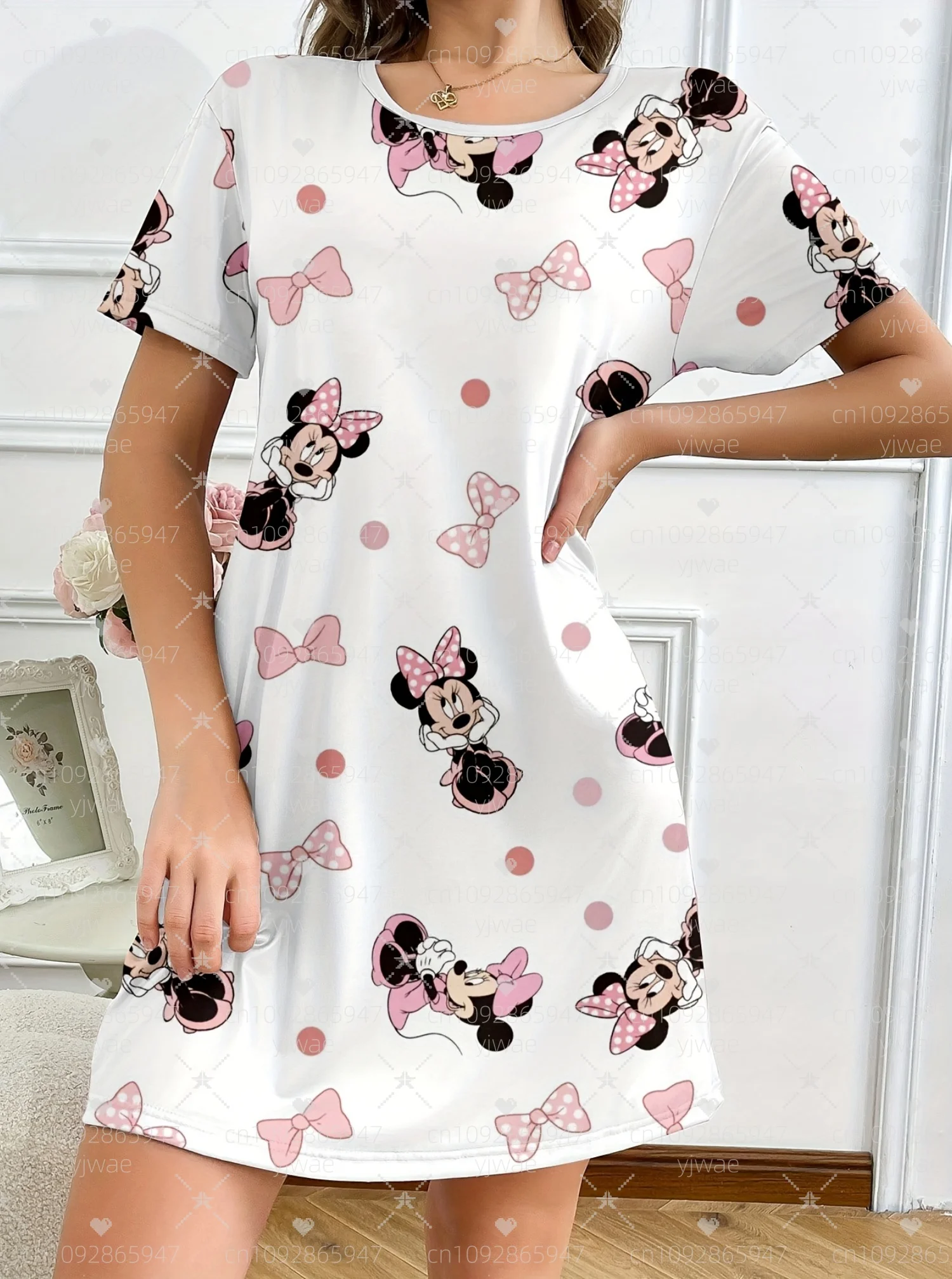Summer women's Cute Minnie print  T-Shirt sleep Dress Loose Casual  O-Neck Lady Short Sleeve Pullover Dresses Women Clothing