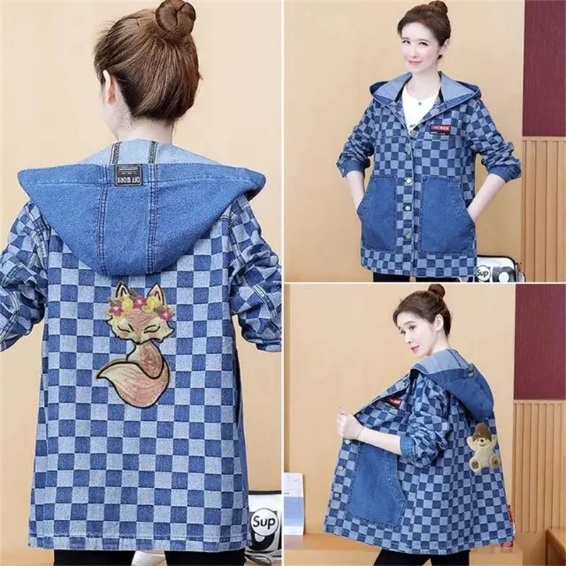 

Spring and Autumn 2022 New Relaxed Casual Personality Chessboard Checker Denim Coat Color Contrast Workwear Hooded Jacket Top