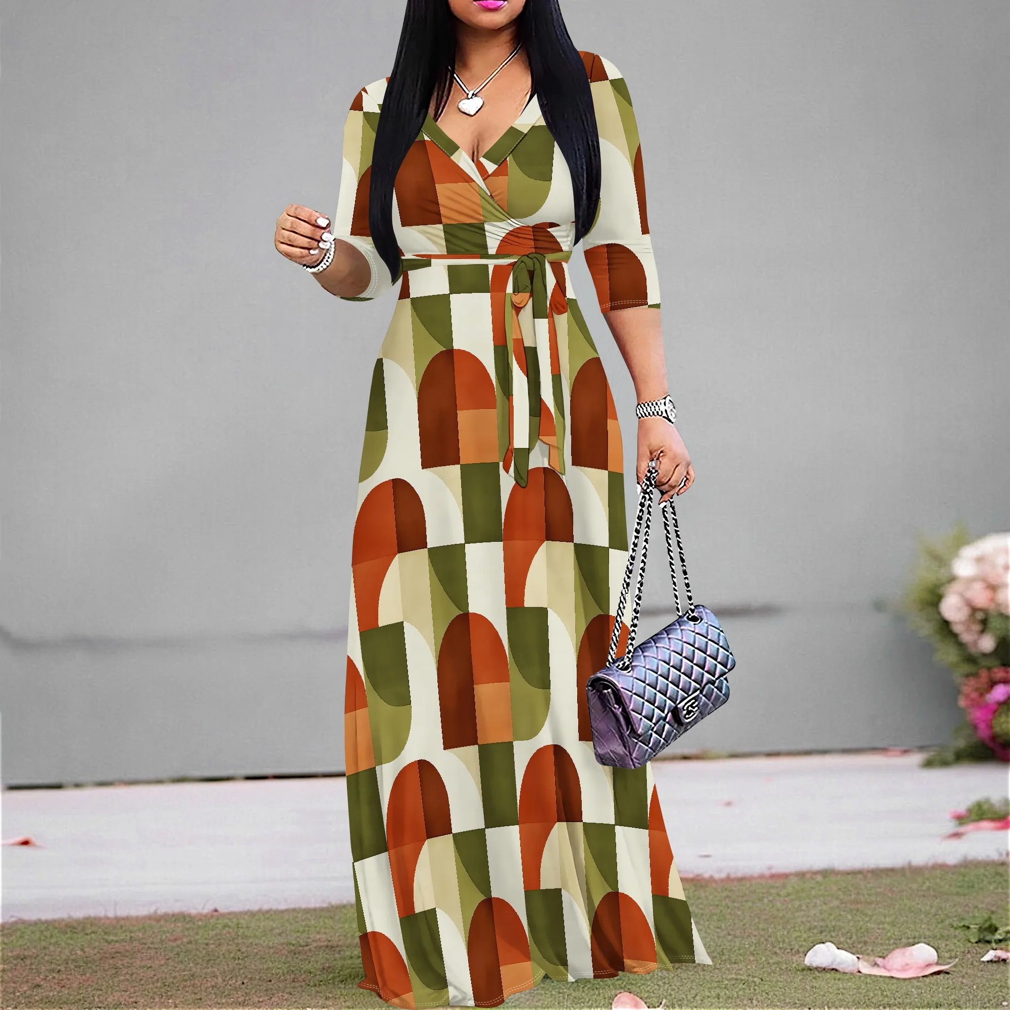 

Boho Arch Print Long Dress S-3XL, Elegant African American Women's Dress for Mother's Day Gift