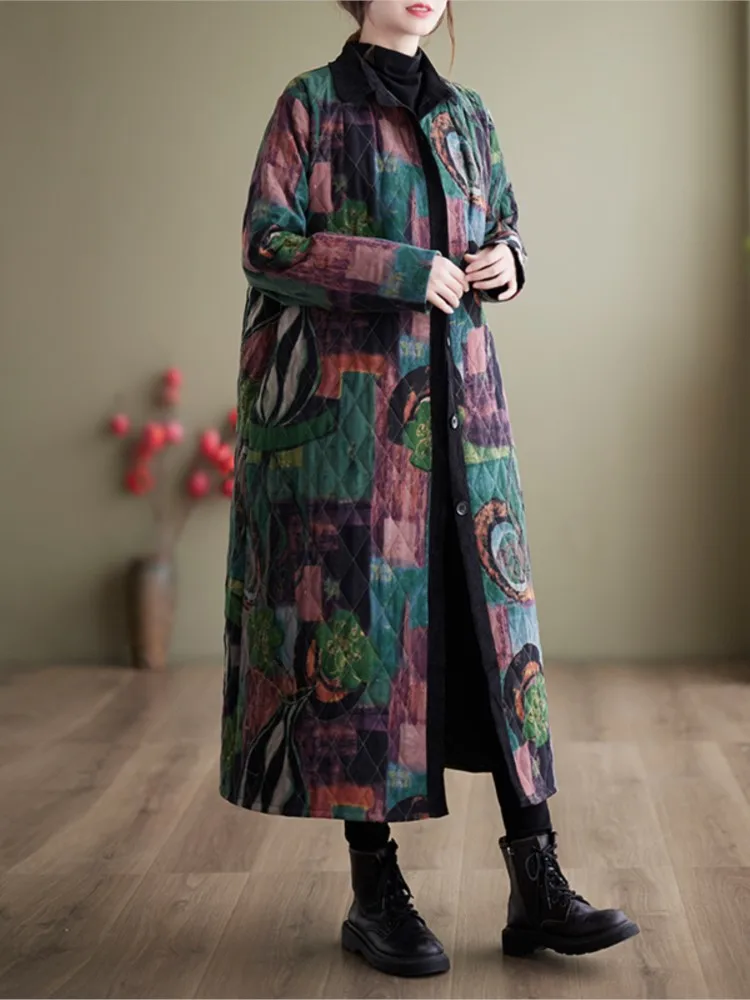 Autumn Winter Padded Cotton Coat Women Geometric Print Fashion Casual Ladies Jackets Loose Long Sleeve Woman Long Oversized Coat