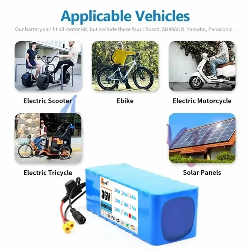 100% original 36V 10s4p 100Ah 20000W large capacity 18650 lithium battery pack with BMS XT60 Plug 18650battery