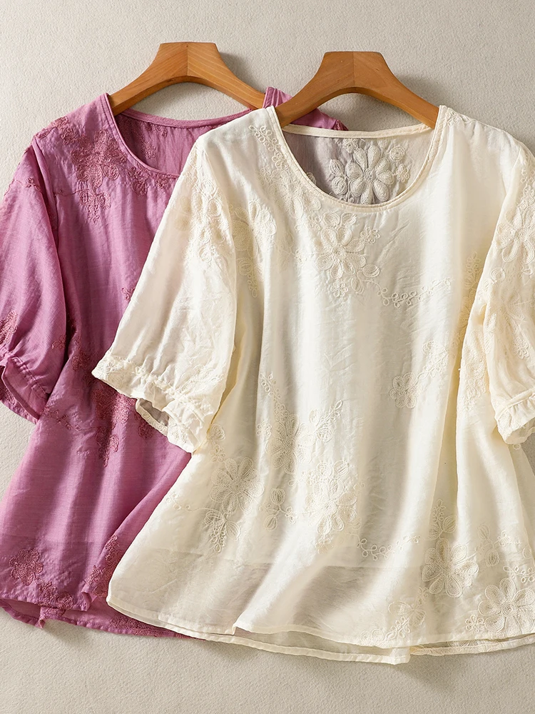 

2026 Summer New round Neck Overhead Shirt Women's Artistic Retro Loose Slimming Embroidered Cotton Linen Top Women
