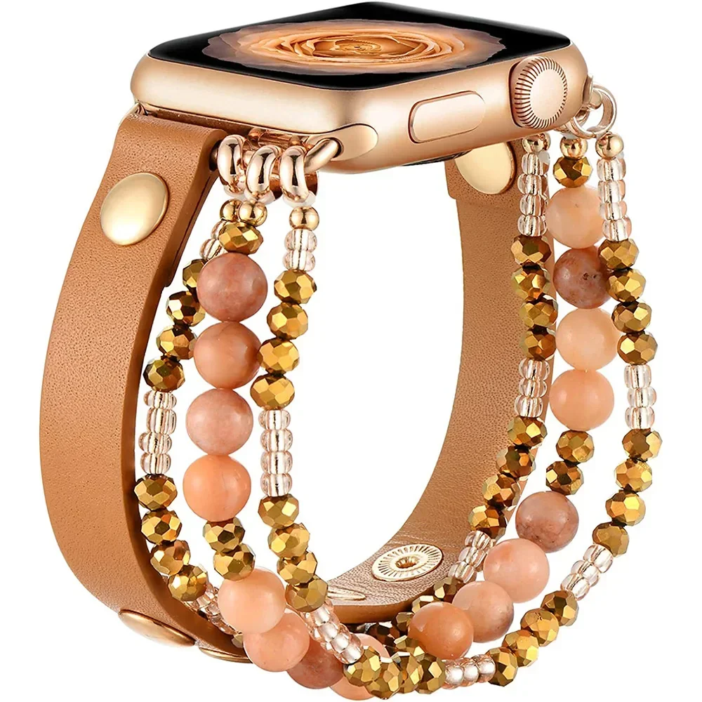 Bransoletka opaska na pasek do zegarka z jabłkiem 49mm 40mm 38mm 41mm kobiety elastyczny pasek z koralików skórzany Iwatch seria SE Ultra 8 7 6 5 4 3 2