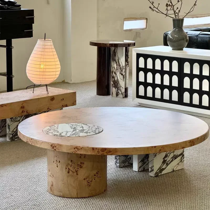 

Modern French rock board wooden frame coffee table, simple black side table set, hotel living room apartment sofa side table