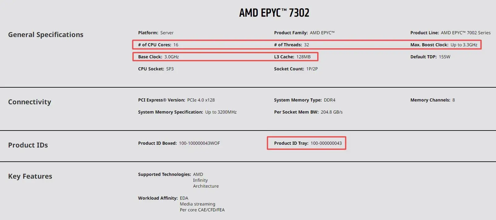 CPU for EPYC 7302  16 Cores 32 Threads Base Clock 3.0GHz  Max.Boost Up to 3.3GHz L3 Cache 128MB  TDP 155W