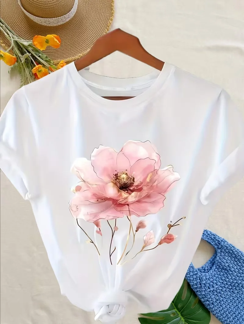 Women's Floral Print T-Shirt with Golden Accents - Short Sleeve Casual Top, Perfect Spring Summer Outfit, Washable Versatile Tee