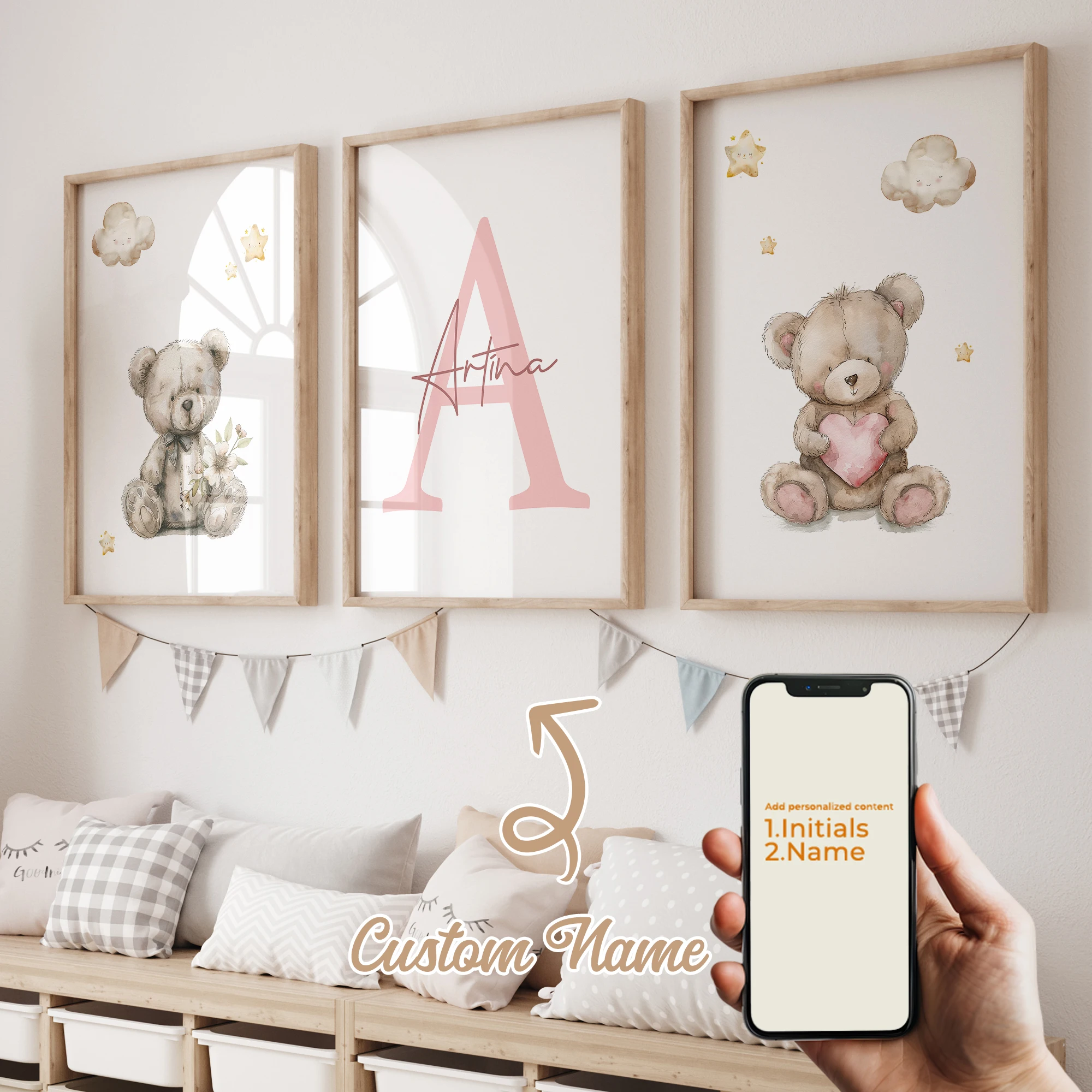 3pcs Personalized Custom Name Cartoon Bear Wall Art Print Picture Canvas Poster Painting For Living Child Room Home Decor