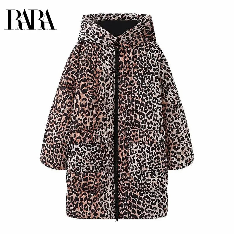 

RARA2025 Womens Autumn New Style Casual Versatile Daily Commute Hooded Long Sleeve Leopard Print Long Jacket Coat