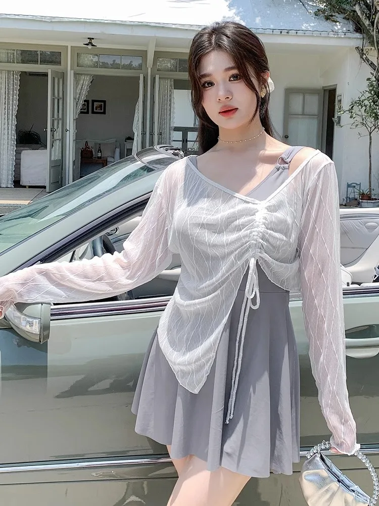

plus Size Swimsuit Women Fat MM Skirt Sle 200 Pou Belly Covering Slimming Long Sve Thermal Water Amusement Park Squar...