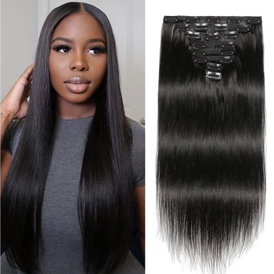 Clip in Human Hair Extensions for Women Brazilian Straight Remy Hair Natural Black 100% Human Hair 8pcs/set 120g