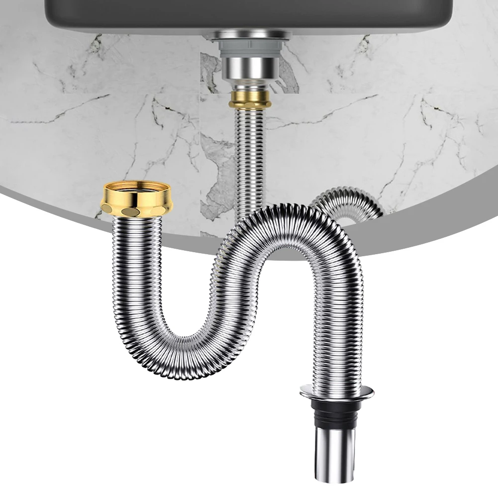 

1PCS Sink Drain Hose Stainless Steel Sink Siphon Waste Drain Hose Flexible Pipe For Kitchen Bathroom 40/60cm Length Silver