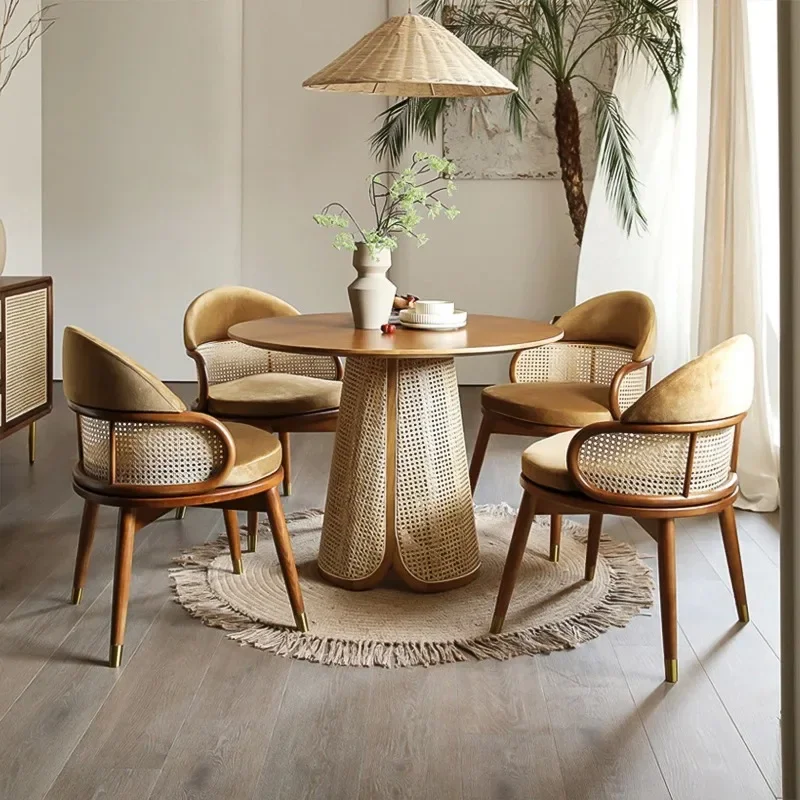 Dining room furniture Nordic traditional solid wood dining table and chairs Natural rattan  chairs Household round table